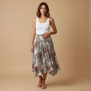 Anthropologie Smocked Tiered Midi Skirt NWT Large Brown Cream Boho Pull-On